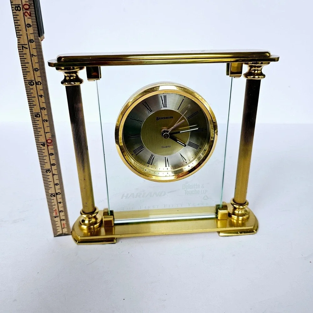 Vtg Deloitte Benchmark Brass & Glass Quartz Desk Mantle Alarm Clock M507.3